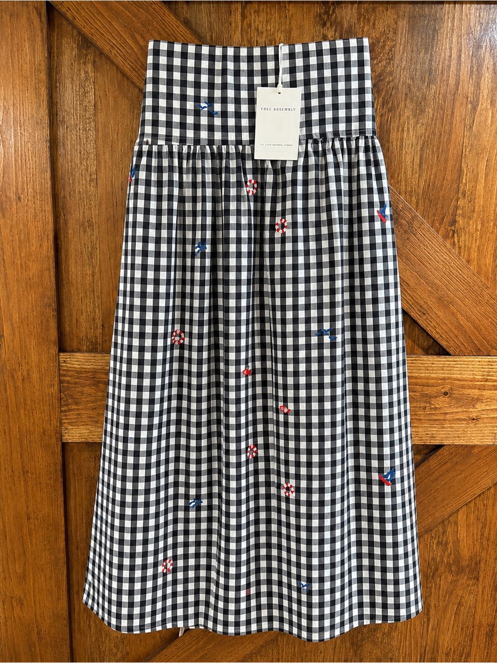 Free Assembly Black & White Gingham A-Line Midi Skirt with Embroidered Accents